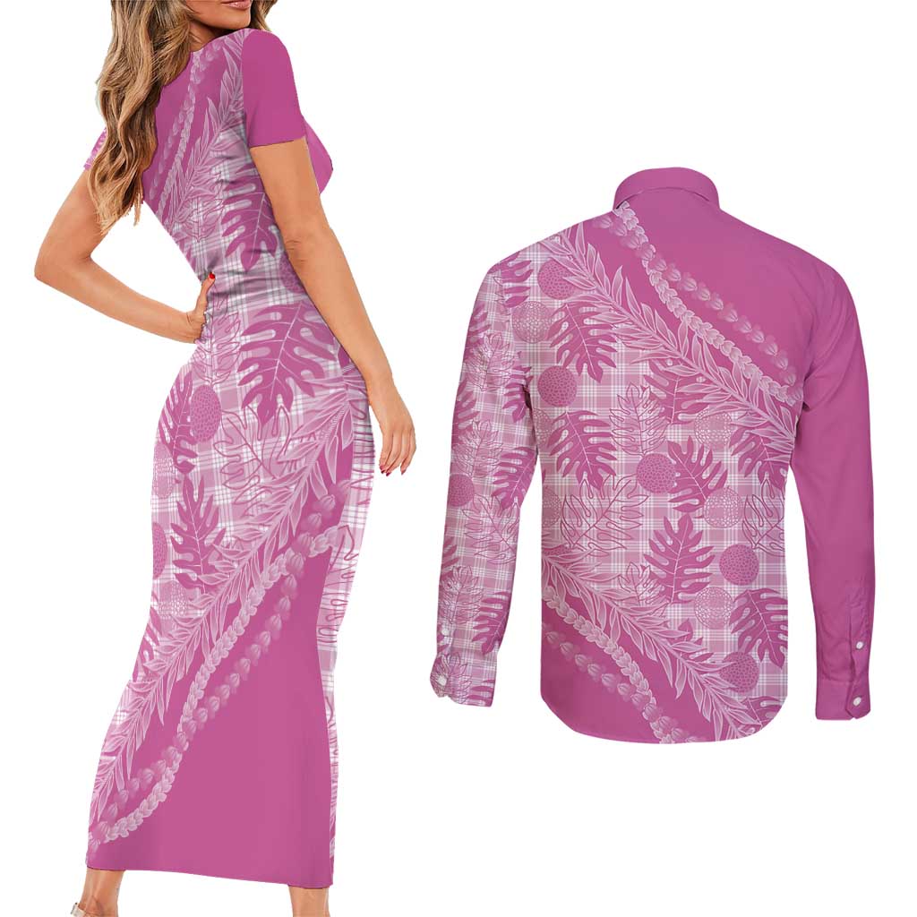 Hawaii Breadfruit Palaka Couples Matching Short Sleeve Bodycon Dress and Long Sleeve Button Shirt Omaomao Ulaula Maile Lei - Polynesian Pride