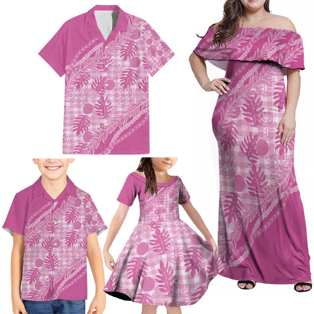 Hawaii Breadfruit Palaka Family Matching Off Shoulder Maxi Dress and Hawaiian Shirt Omaomao Ulaula Maile Lei - Polynesian Pride