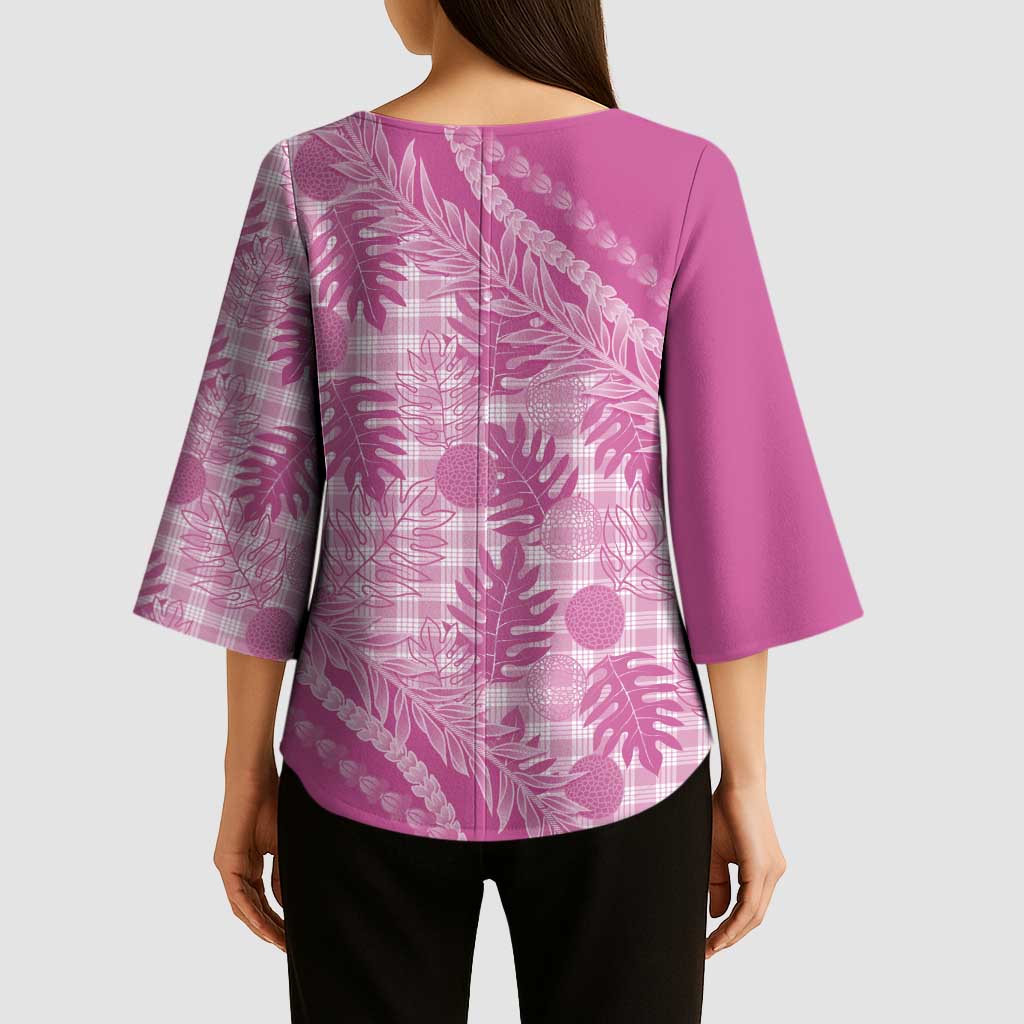 Hawaii Breadfruit Palaka Kimono Sleeve Blouse Omaomao Ulaula Maile Lei - Polynesian Pride