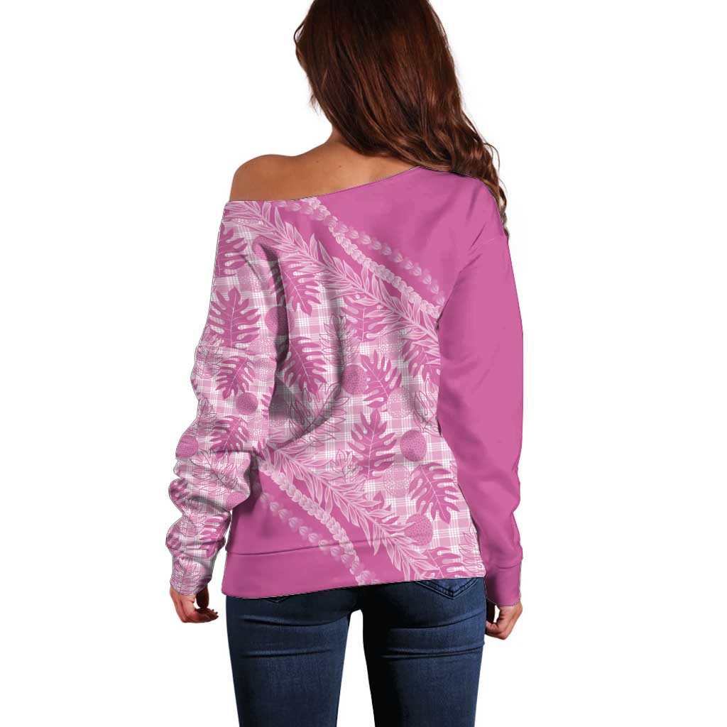 Hawaii Breadfruit Palaka Off Shoulder Sweater Omaomao Ulaula Maile Lei LT9 - Polynesian Pride