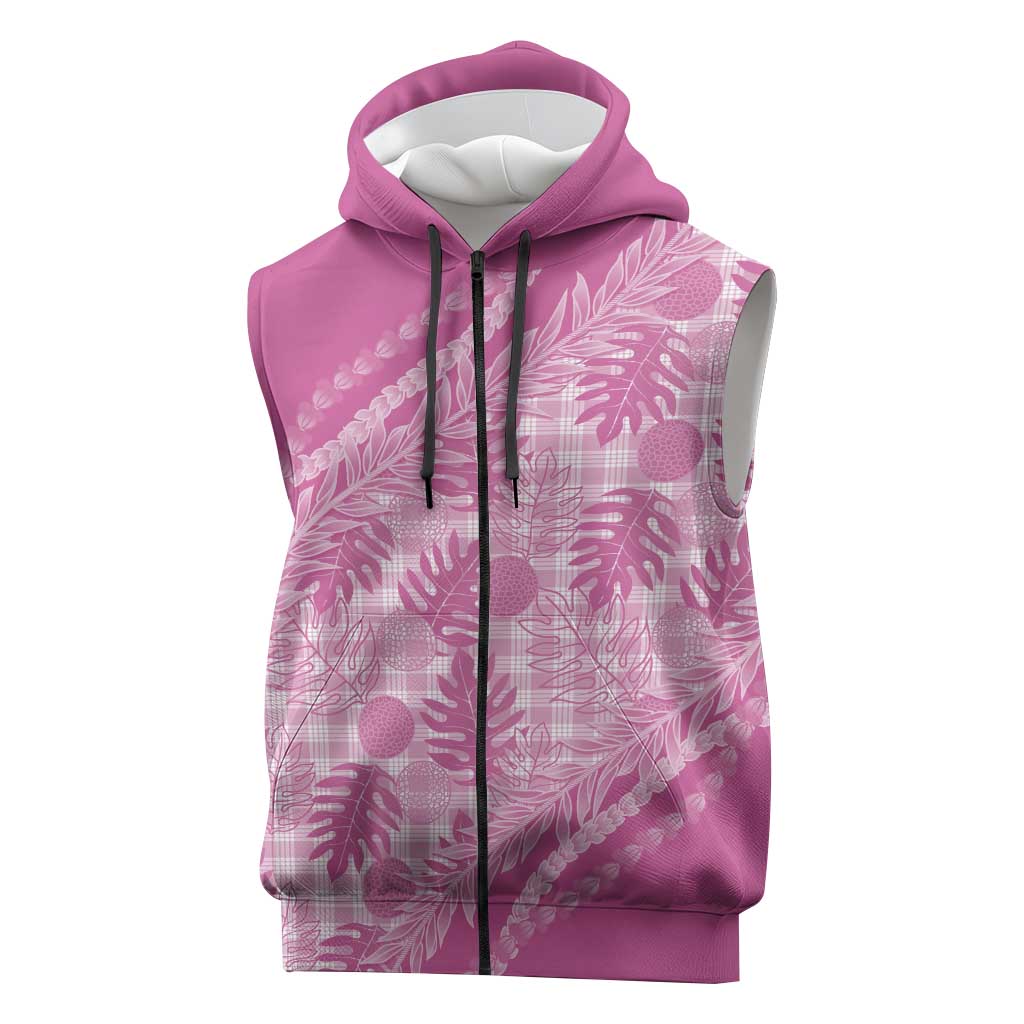 Hawaii Breadfruit Palaka Sleeveless Zip Hoodie Omaomao Ulaula Maile Lei LT9 Pink - Polynesian Pride