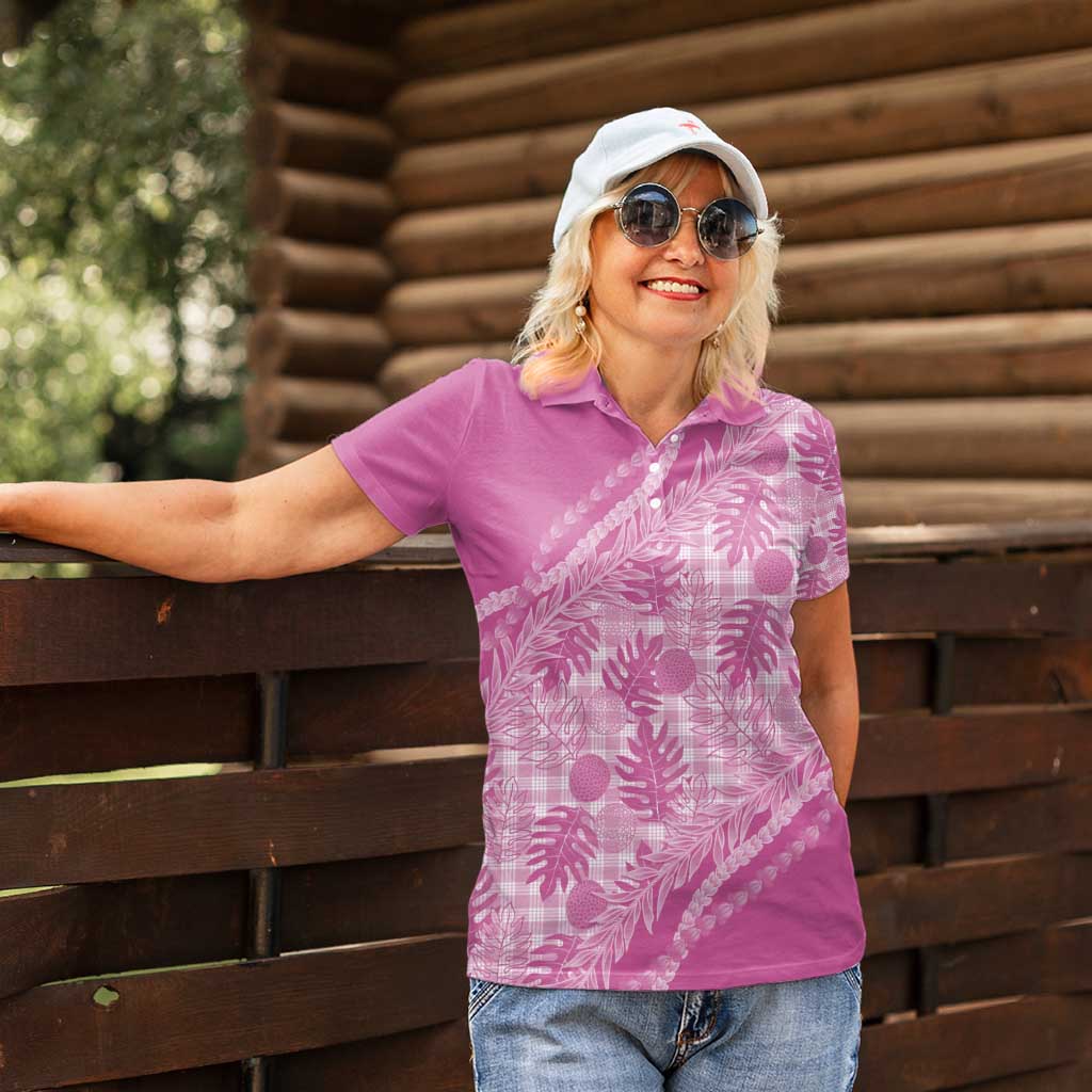 Hawaii Breadfruit Palaka Women Polo Shirt Omaomao Ulaula Maile Lei - Polynesian Pride