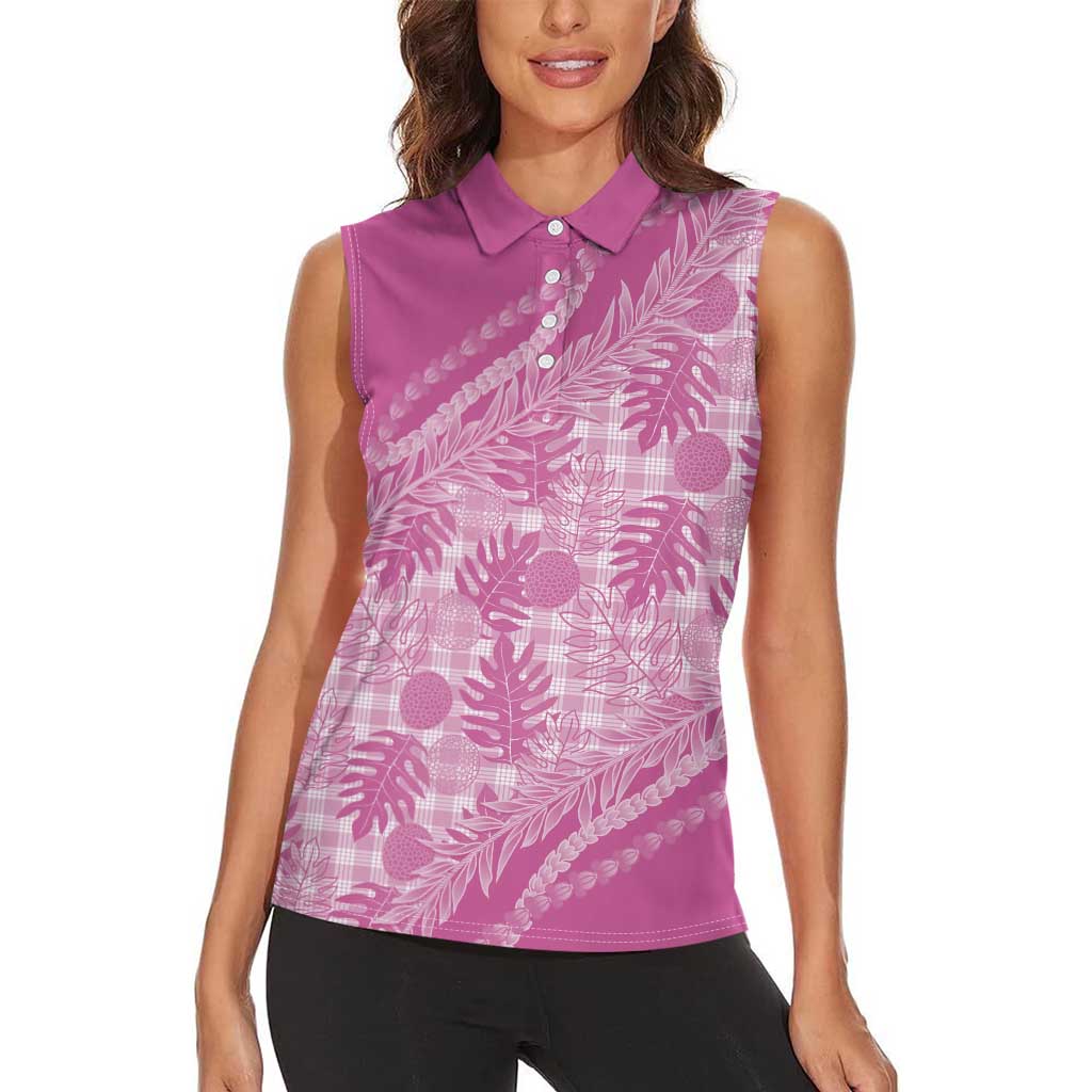 Hawaii Breadfruit Palaka Women Sleeveless Polo Shirt Omaomao Ulaula Maile Lei - Polynesian Pride