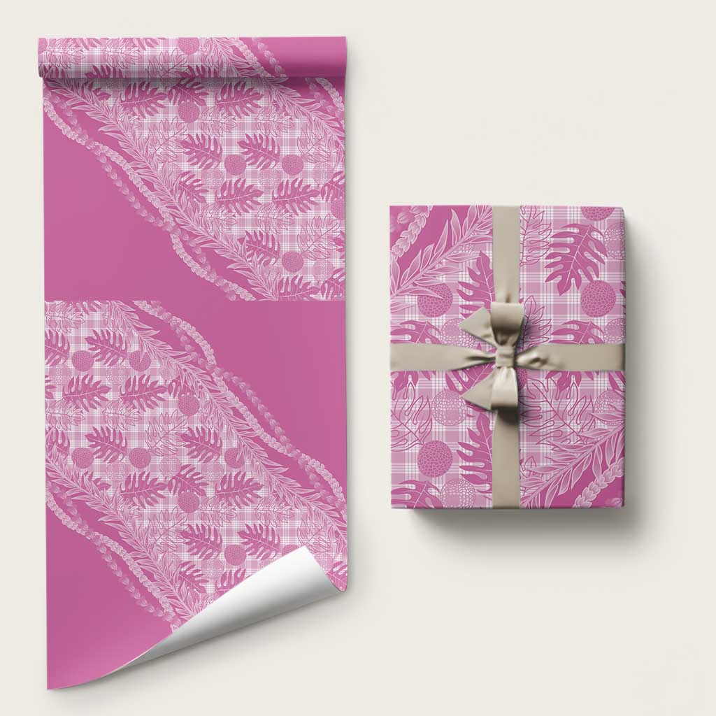 Hawaii Breadfruit Palaka Wrapping Paper Omaomao Ulaula Maile Lei LT9 58" × 23" Pink - Polynesian Pride