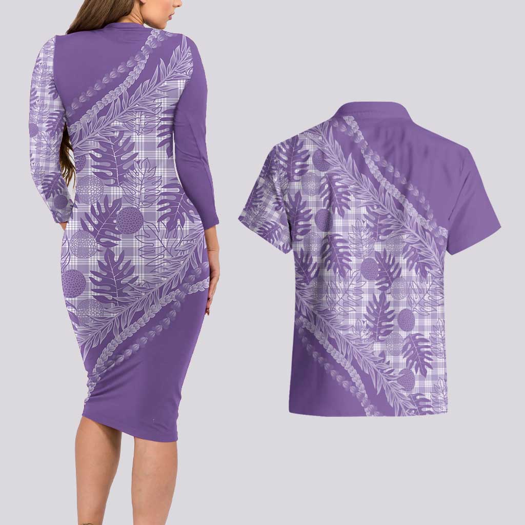 Hawaii Breadfruit Palaka Couples Matching Long Sleeve Bodycon Dress and Hawaiian Shirt Poni Maile Lei - Polynesian Pride