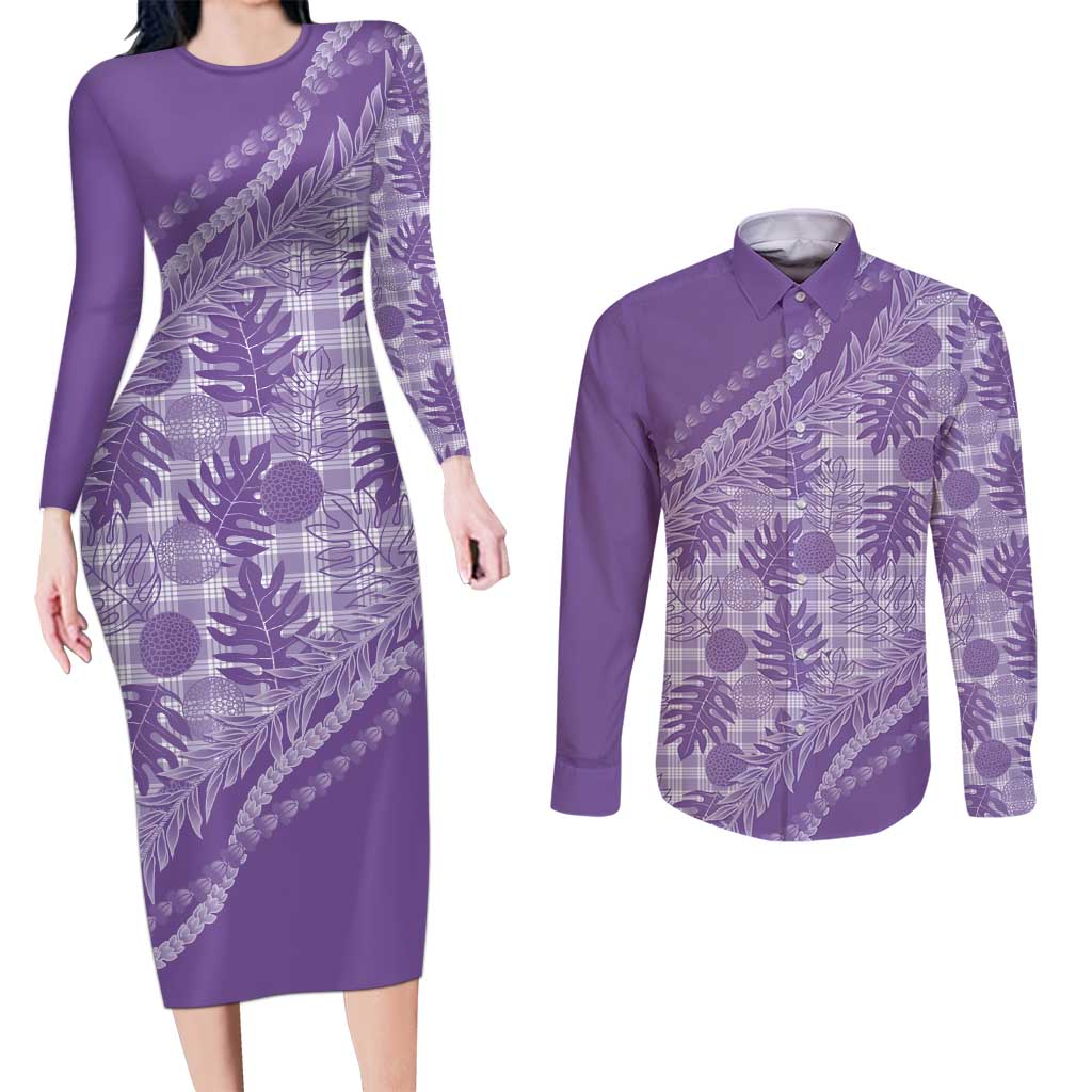 Hawaii Breadfruit Palaka Couples Matching Long Sleeve Bodycon Dress and Long Sleeve Button Shirt Poni Maile Lei - Polynesian Pride