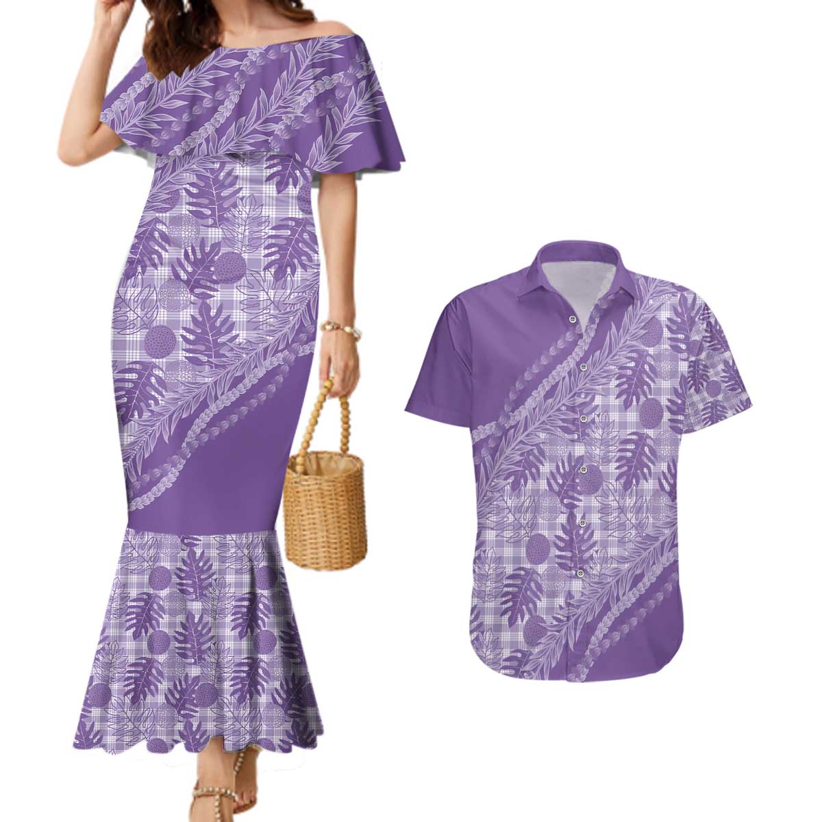 Hawaii Breadfruit Palaka Couples Matching Mermaid Dress and Hawaiian Shirt Poni Maile Lei - Polynesian Pride