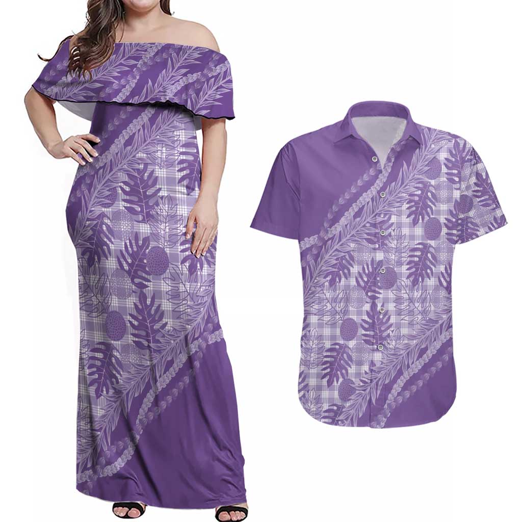 Hawaii Breadfruit Palaka Couples Matching Off Shoulder Maxi Dress and Hawaiian Shirt Poni Maile Lei LT9 Purple - Polynesian Pride