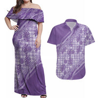 Hawaii Breadfruit Palaka Couples Matching Off Shoulder Maxi Dress and Hawaiian Shirt Poni Maile Lei - Polynesian Pride