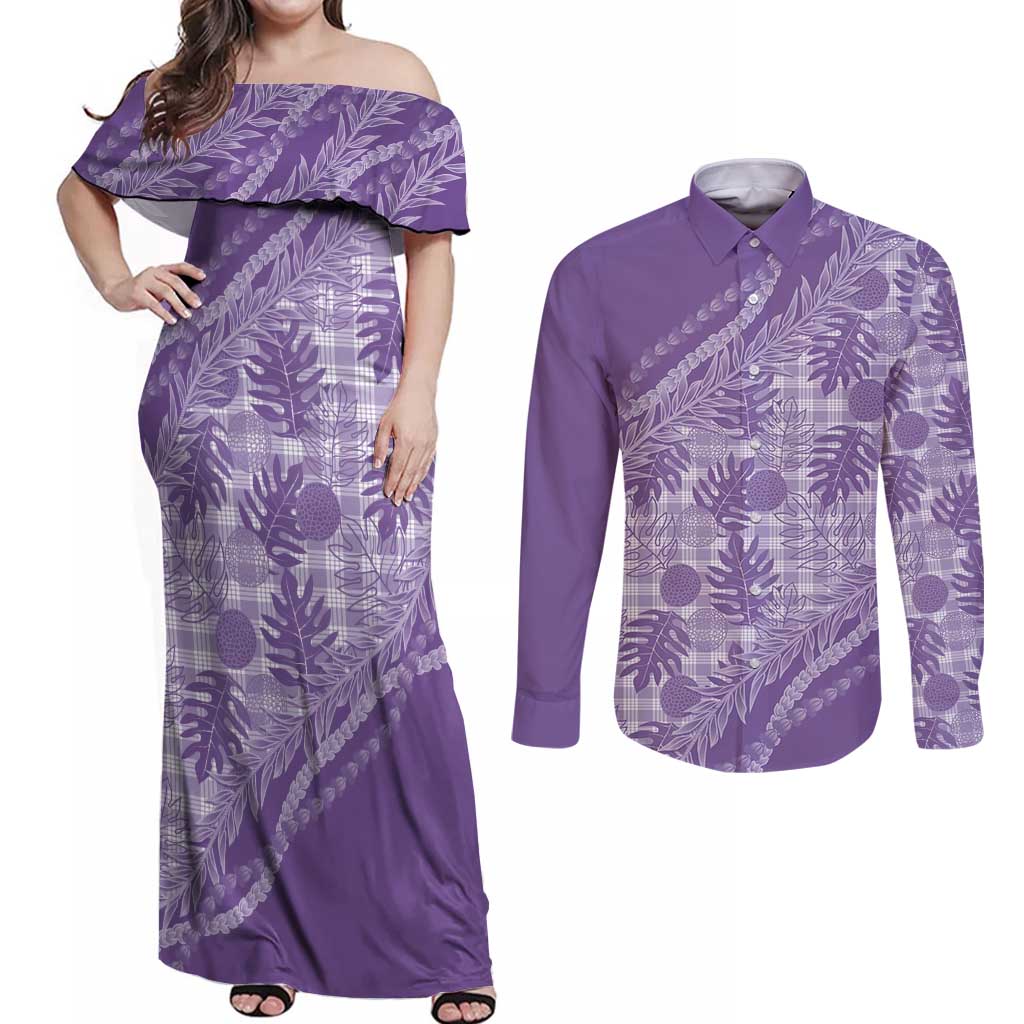 Hawaii Breadfruit Palaka Couples Matching Off Shoulder Maxi Dress and Long Sleeve Button Shirt Poni Maile Lei LT9 Purple - Polynesian Pride