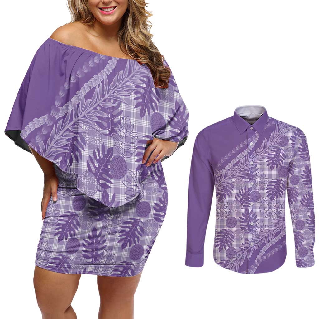 Hawaii Breadfruit Palaka Couples Matching Off Shoulder Short Dress and Long Sleeve Button Shirt Poni Maile Lei LT9 Purple - Polynesian Pride