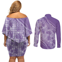Hawaii Breadfruit Palaka Couples Matching Off Shoulder Short Dress and Long Sleeve Button Shirt Poni Maile Lei - Polynesian Pride