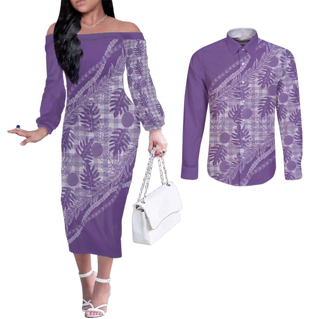 Hawaii Breadfruit Palaka Couples Matching Off The Shoulder Long Sleeve Dress and Long Sleeve Button Shirt Poni Maile Lei LT9 Purple - Polynesian Pride