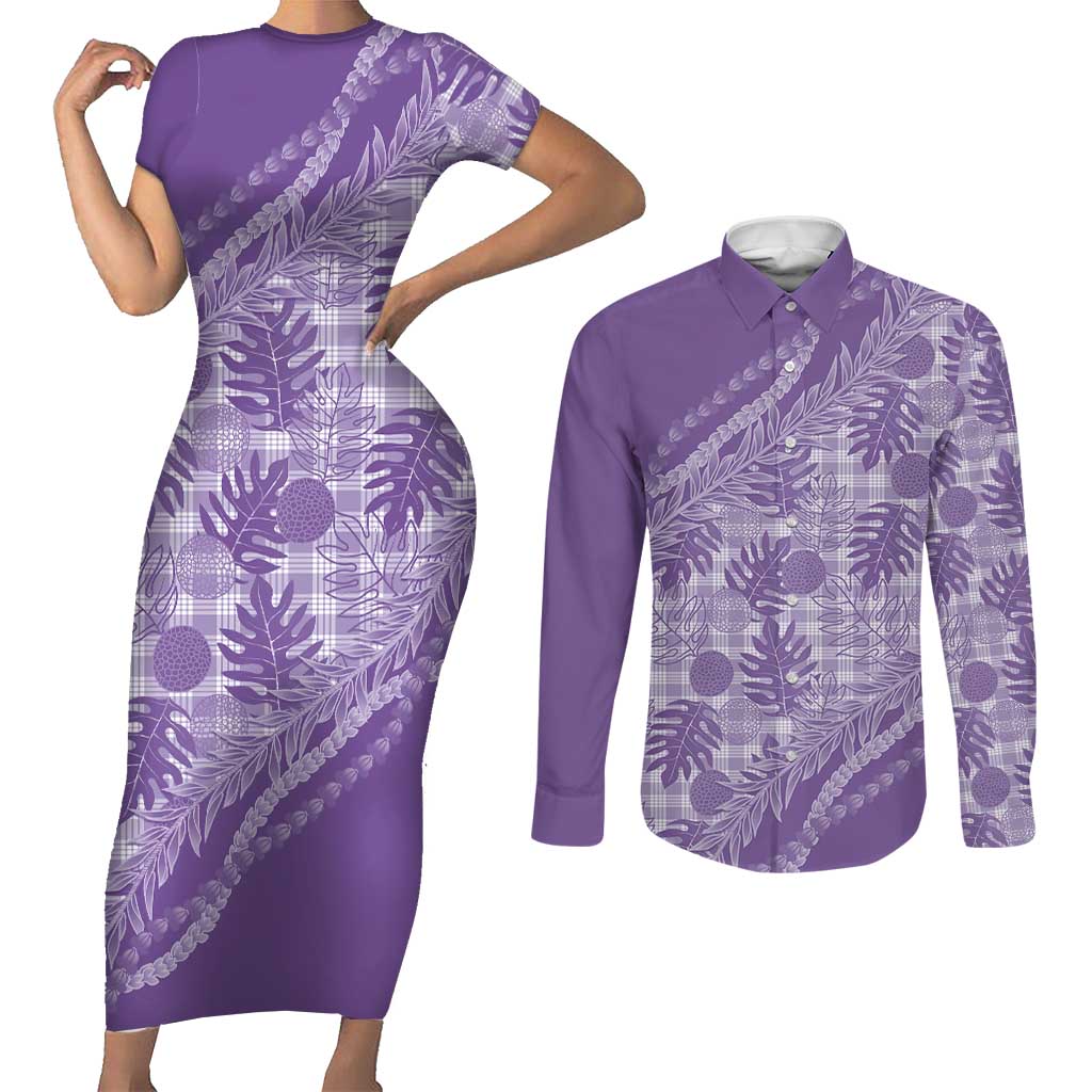 Hawaii Breadfruit Palaka Couples Matching Short Sleeve Bodycon Dress and Long Sleeve Button Shirt Poni Maile Lei LT9 Purple - Polynesian Pride