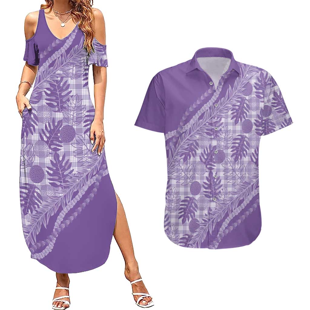Hawaii Breadfruit Palaka Couples Matching Summer Maxi Dress and Hawaiian Shirt Poni Maile Lei LT9 Purple - Polynesian Pride