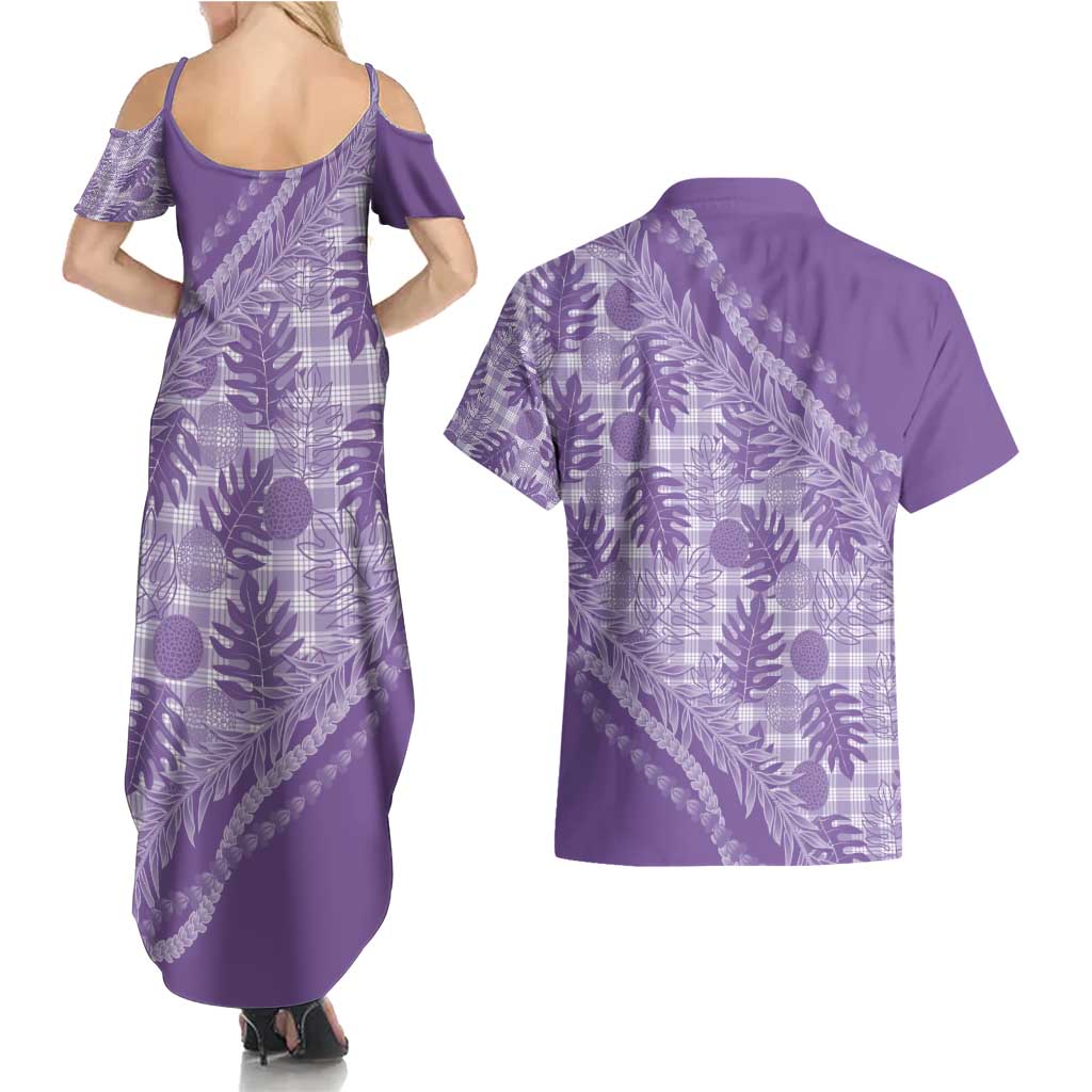 Hawaii Breadfruit Palaka Couples Matching Summer Maxi Dress and Hawaiian Shirt Poni Maile Lei - Polynesian Pride