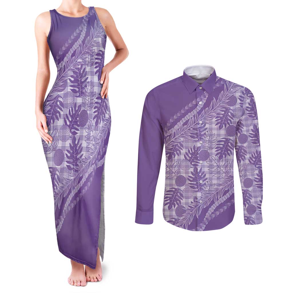 Hawaii Breadfruit Palaka Couples Matching Tank Maxi Dress and Long Sleeve Button Shirt Poni Maile Lei - Polynesian Pride