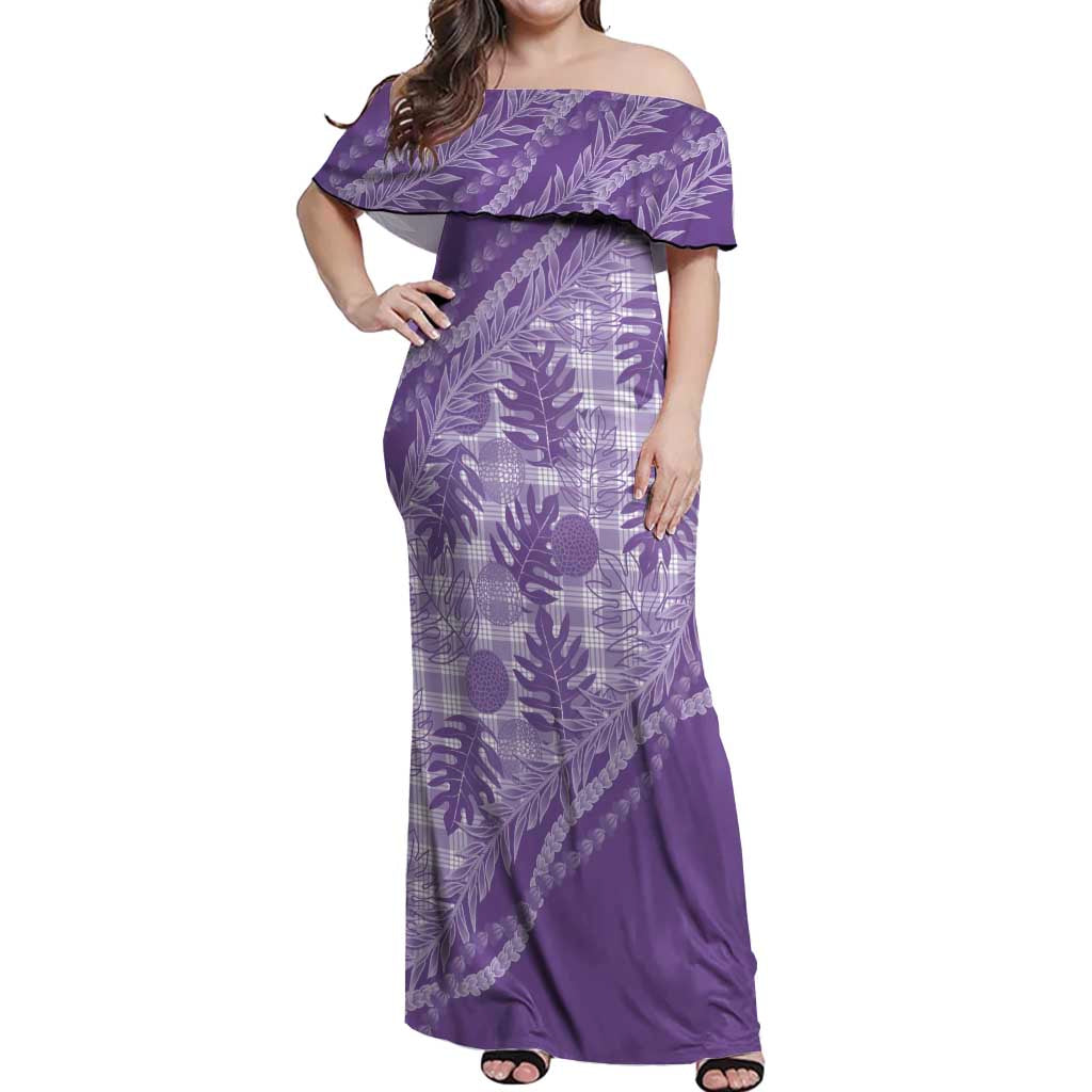 Hawaii Breadfruit Palaka Off Shoulder Maxi Dress Poni Maile Lei LT9 Women Purple - Polynesian Pride