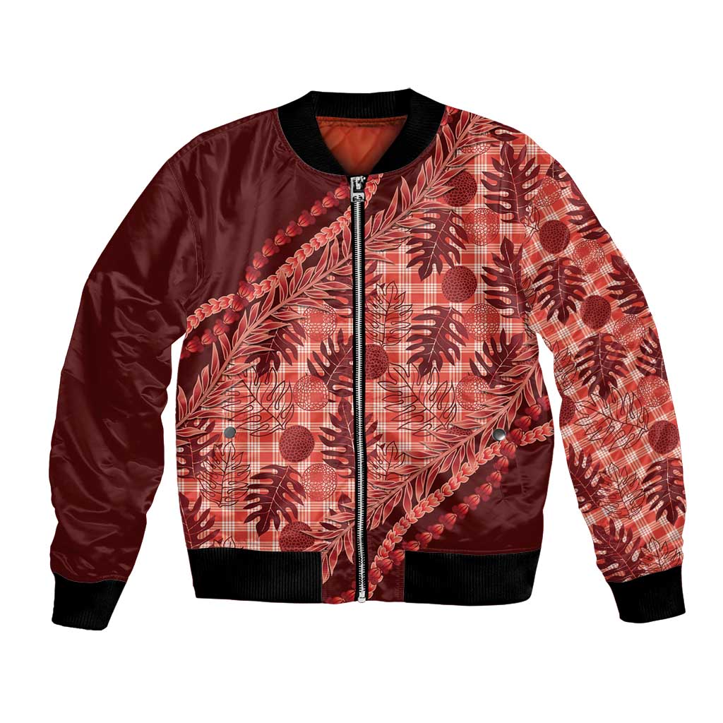 Hawaii Breadfruit Palaka Bomber Jacket Ulaula Maile Lei LT9 Unisex Red - Polynesian Pride