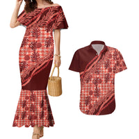 Hawaii Breadfruit Palaka Couples Matching Mermaid Dress and Hawaiian Shirt Ulaula Maile Lei - Polynesian Pride