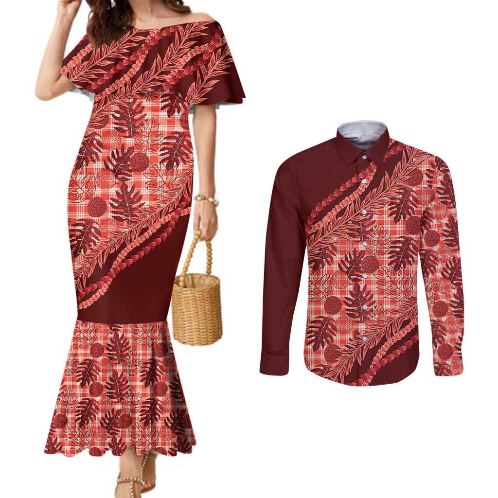 Hawaii Breadfruit Palaka Couples Matching Mermaid Dress and Long Sleeve Button Shirt Ulaula Maile Lei LT9 Red - Polynesian Pride