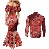 Hawaii Breadfruit Palaka Couples Matching Mermaid Dress and Long Sleeve Button Shirt Ulaula Maile Lei - Polynesian Pride