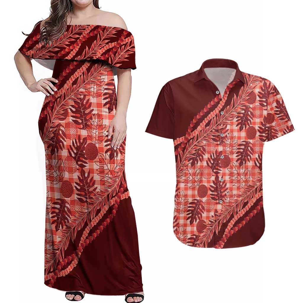 Hawaii Breadfruit Palaka Couples Matching Off Shoulder Maxi Dress and Hawaiian Shirt Ulaula Maile Lei LT9 Red - Polynesian Pride