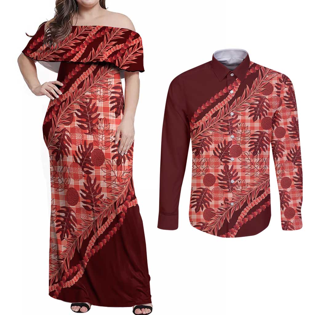 Hawaii Breadfruit Palaka Couples Matching Off Shoulder Maxi Dress and Long Sleeve Button Shirt Ulaula Maile Lei LT9 Red - Polynesian Pride