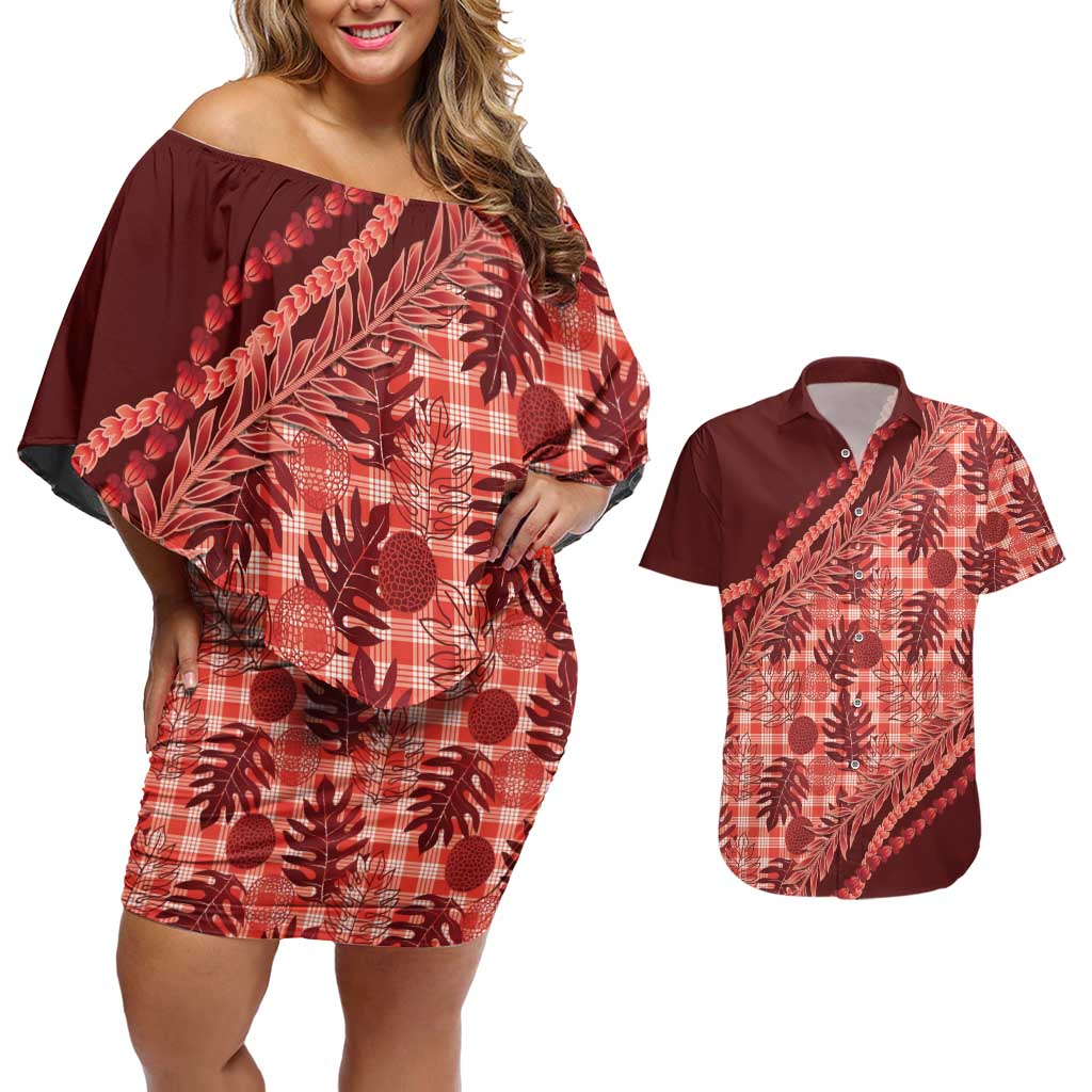 Hawaii Breadfruit Palaka Couples Matching Off Shoulder Short Dress and Hawaiian Shirt Ulaula Maile Lei LT9 Red - Polynesian Pride