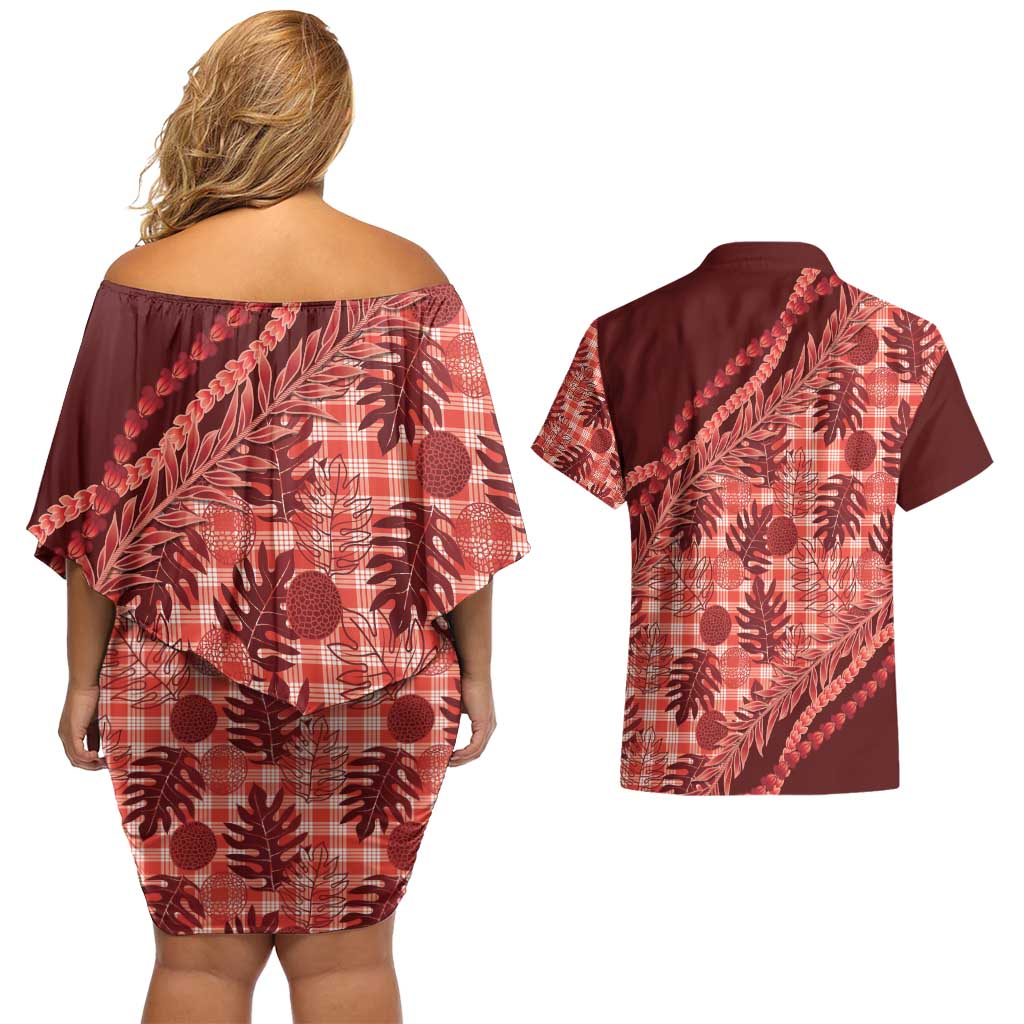 Hawaii Breadfruit Palaka Couples Matching Off Shoulder Short Dress and Hawaiian Shirt Ulaula Maile Lei - Polynesian Pride