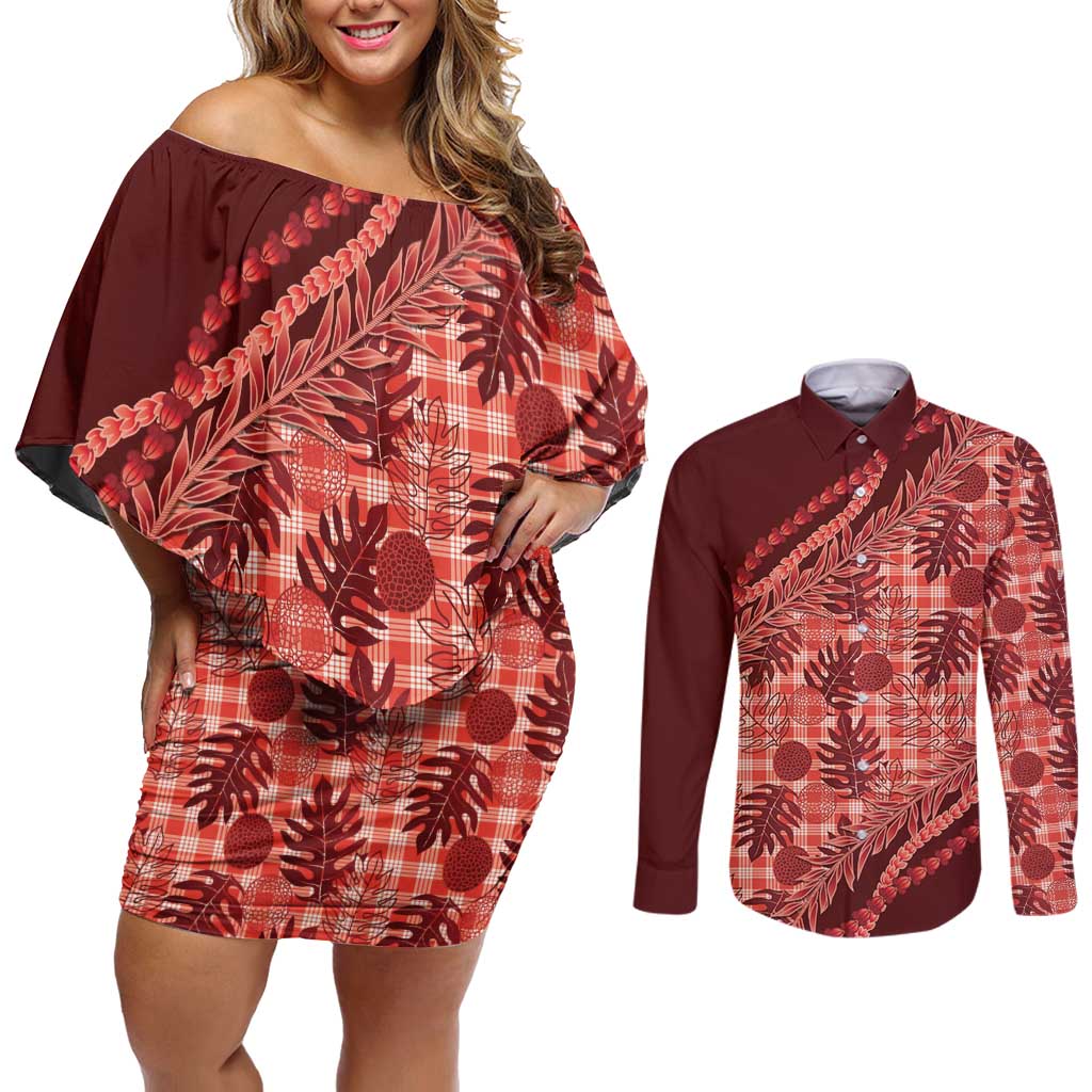 Hawaii Breadfruit Palaka Couples Matching Off Shoulder Short Dress and Long Sleeve Button Shirt Ulaula Maile Lei LT9 Red - Polynesian Pride