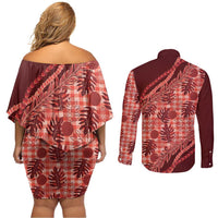 Hawaii Breadfruit Palaka Couples Matching Off Shoulder Short Dress and Long Sleeve Button Shirt Ulaula Maile Lei - Polynesian Pride
