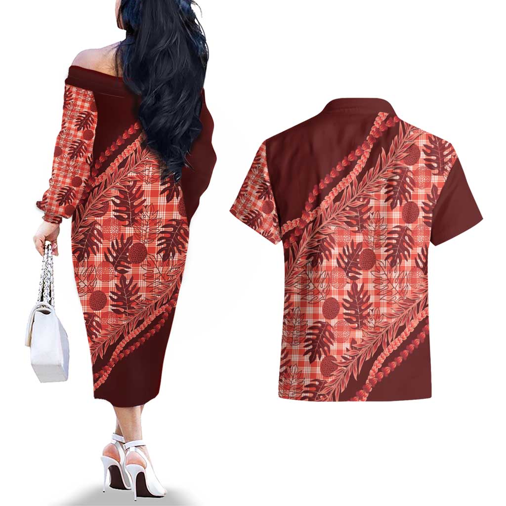 Hawaii Breadfruit Palaka Couples Matching Off The Shoulder Long Sleeve Dress and Hawaiian Shirt Ulaula Maile Lei - Polynesian Pride