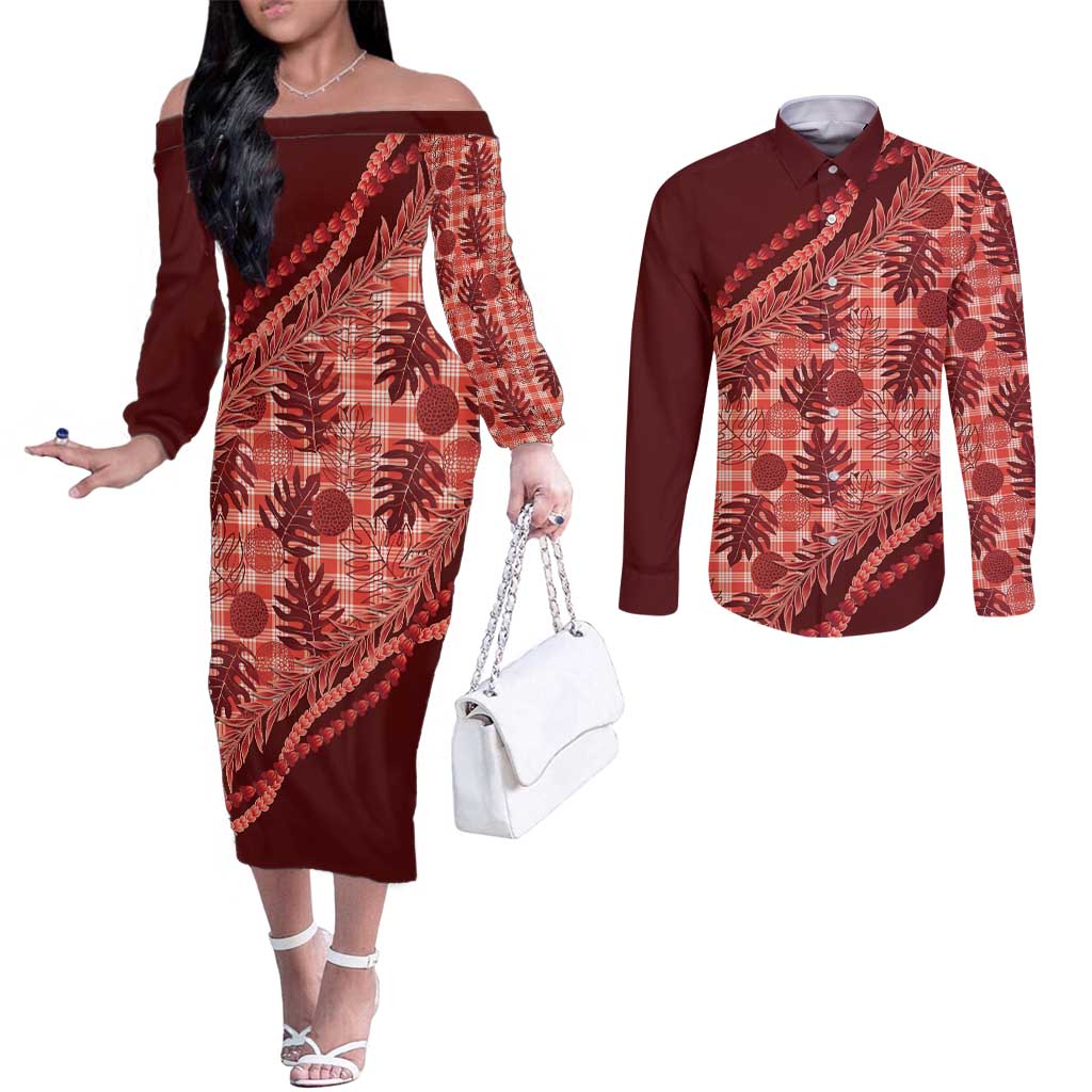 Hawaii Breadfruit Palaka Couples Matching Off The Shoulder Long Sleeve Dress and Long Sleeve Button Shirt Ulaula Maile Lei - Polynesian Pride