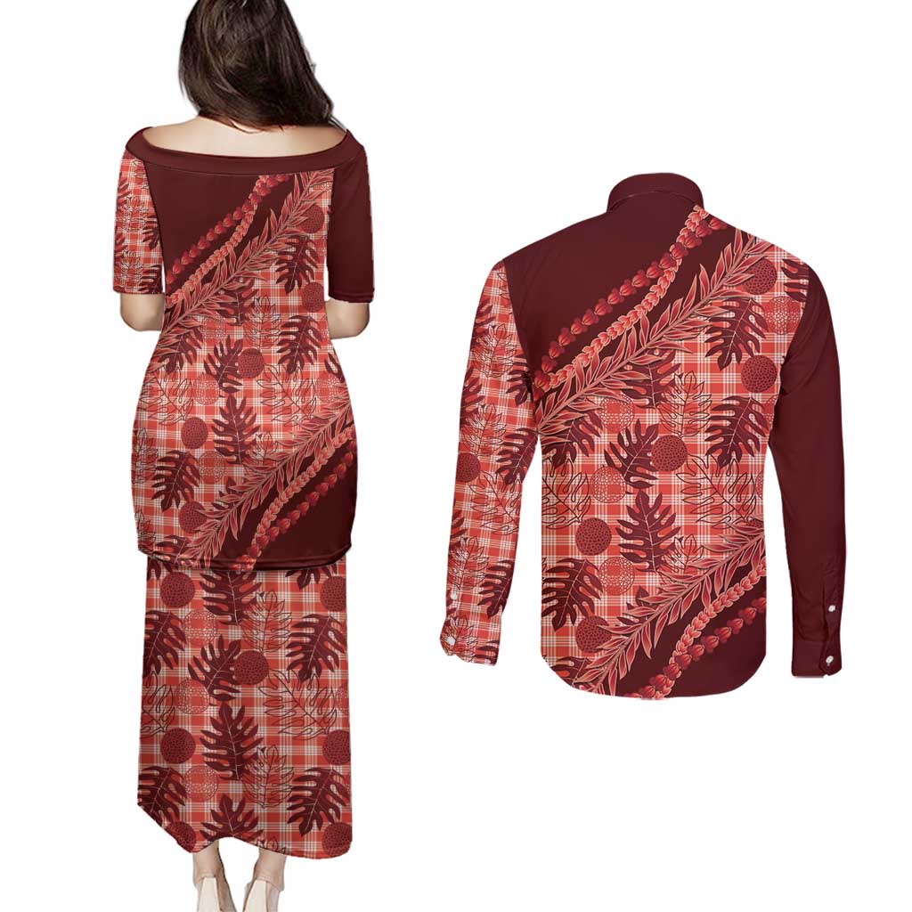 Hawaii Breadfruit Palaka Couples Matching Puletasi and Long Sleeve Button Shirt Ulaula Maile Lei - Polynesian Pride