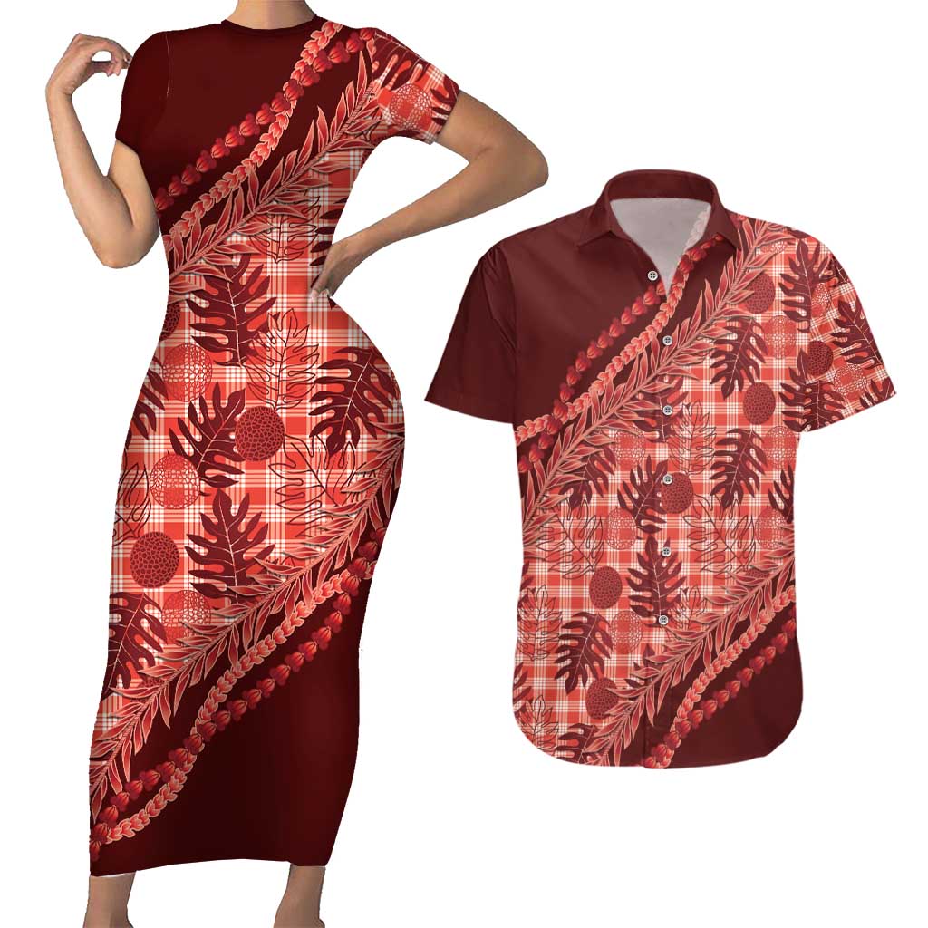 Hawaii Breadfruit Palaka Couples Matching Short Sleeve Bodycon Dress and Hawaiian Shirt Ulaula Maile Lei LT9 Red - Polynesian Pride