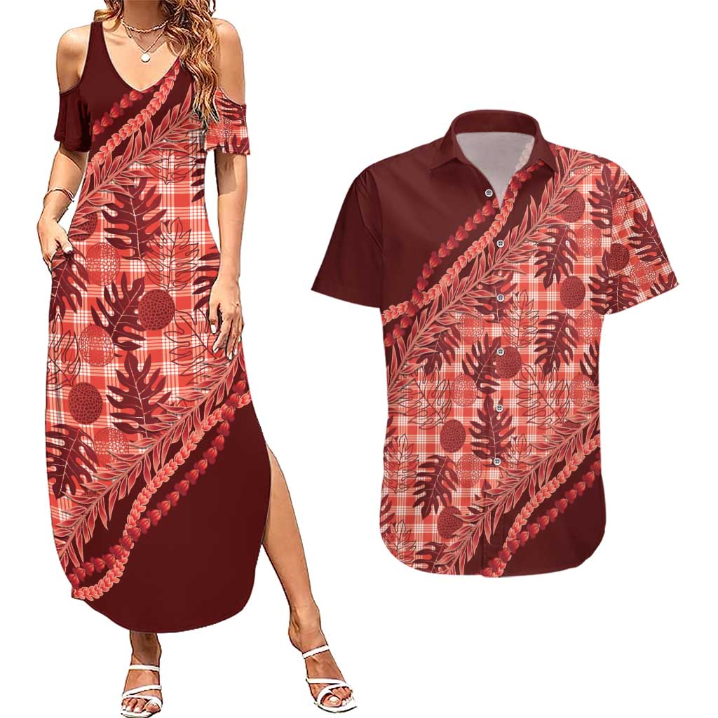 Hawaii Breadfruit Palaka Couples Matching Summer Maxi Dress and Hawaiian Shirt Ulaula Maile Lei LT9 Red - Polynesian Pride