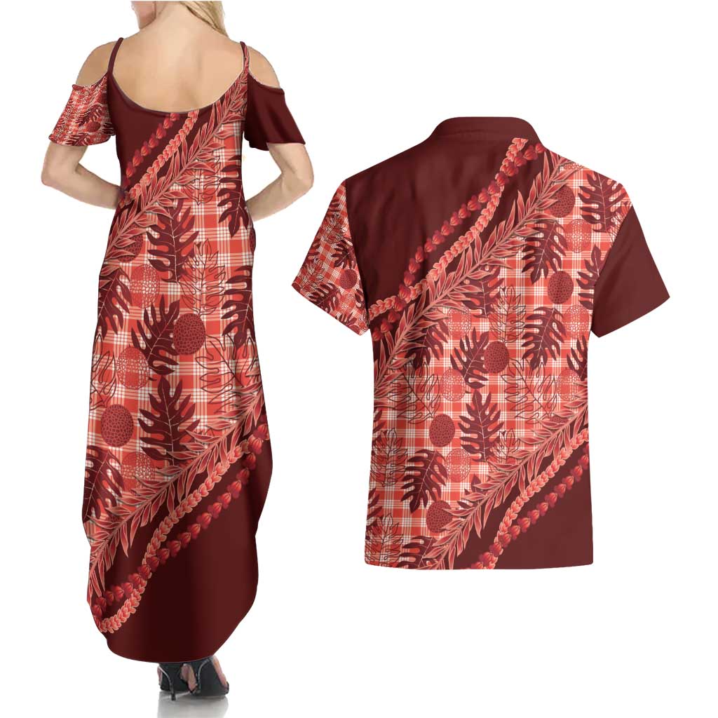 Hawaii Breadfruit Palaka Couples Matching Summer Maxi Dress and Hawaiian Shirt Ulaula Maile Lei - Polynesian Pride
