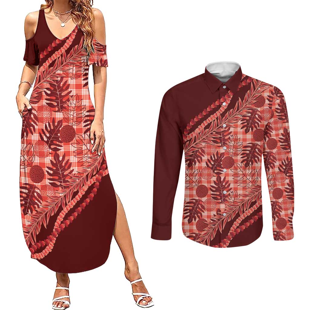 Hawaii Breadfruit Palaka Couples Matching Summer Maxi Dress and Long Sleeve Button Shirt Ulaula Maile Lei LT9 Red - Polynesian Pride