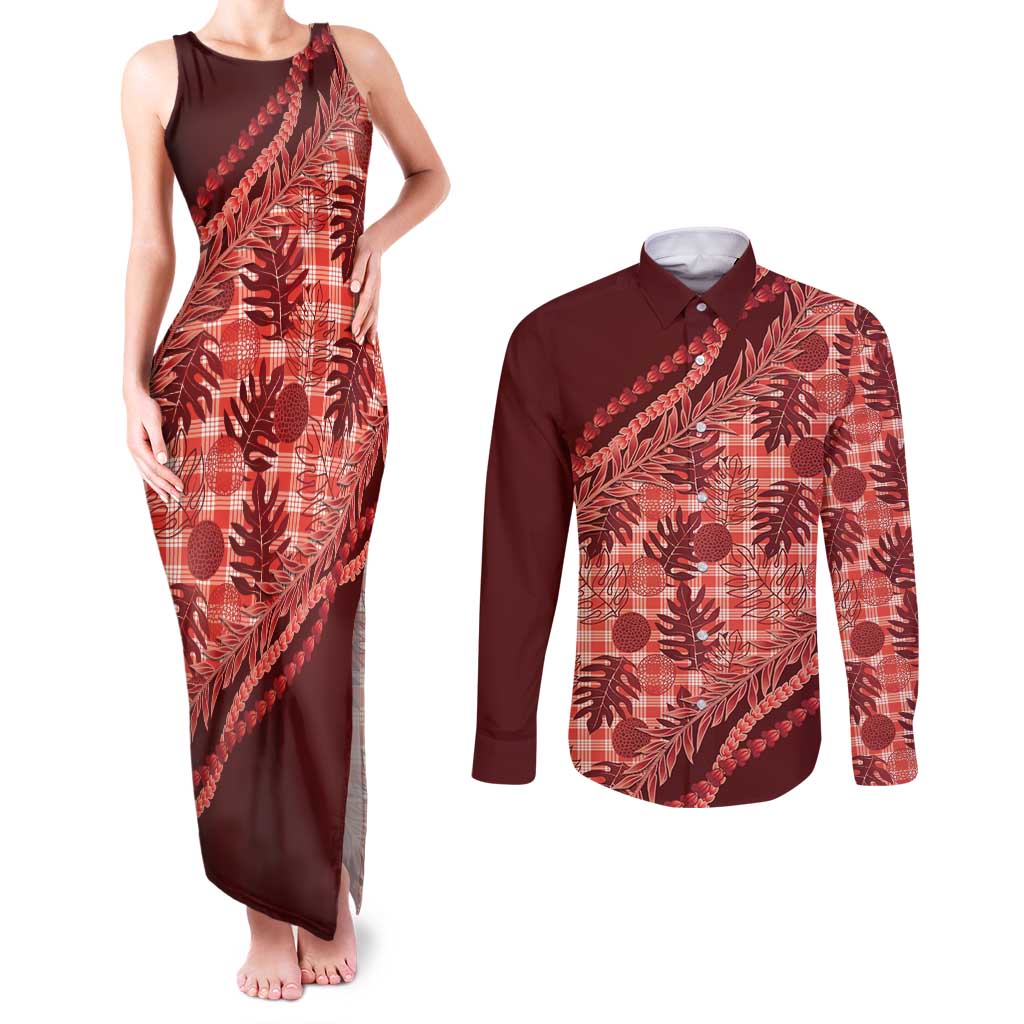 Hawaii Breadfruit Palaka Couples Matching Tank Maxi Dress and Long Sleeve Button Shirt Ulaula Maile Lei LT9 Red - Polynesian Pride
