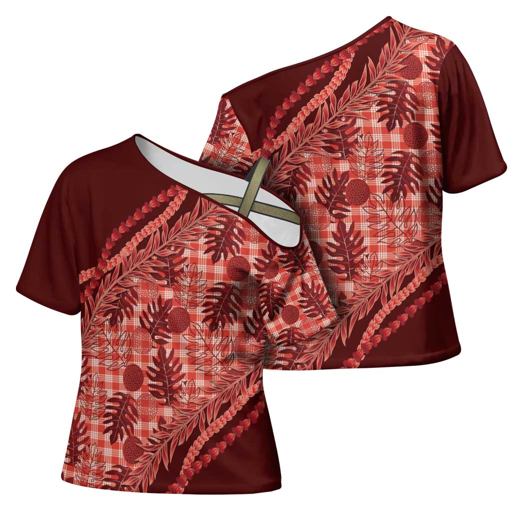 Hawaii Breadfruit Palaka Cross Shoulder Shirt Ulaula Maile Lei - Polynesian Pride