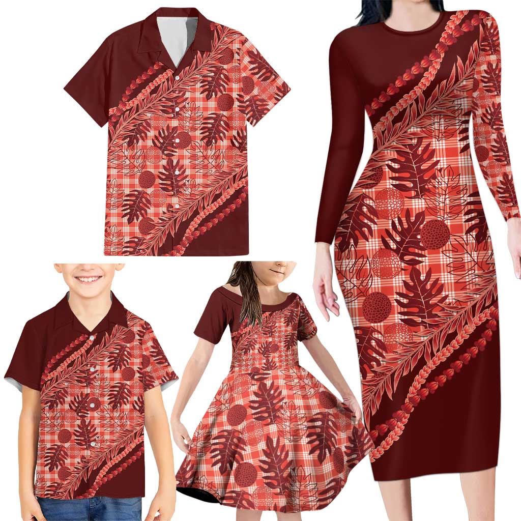Hawaii Breadfruit Palaka Family Matching Long Sleeve Bodycon Dress and Hawaiian Shirt Ulaula Maile Lei LT9 - Polynesian Pride