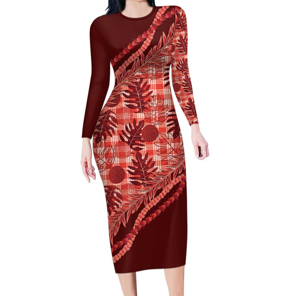 Hawaii Breadfruit Palaka Family Matching Long Sleeve Bodycon Dress and Hawaiian Shirt Ulaula Maile Lei - Polynesian Pride