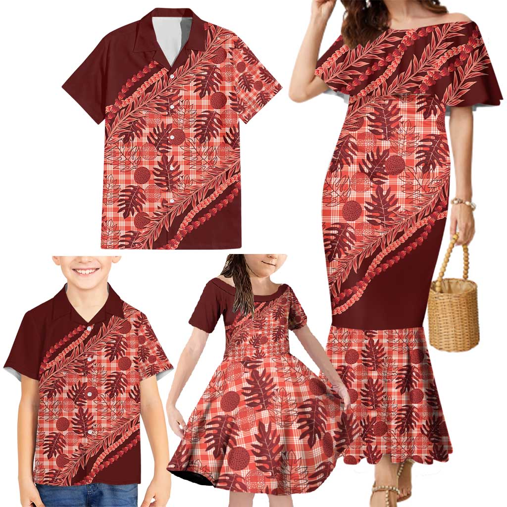 Hawaii Breadfruit Palaka Family Matching Mermaid Dress and Hawaiian Shirt Ulaula Maile Lei - Polynesian Pride