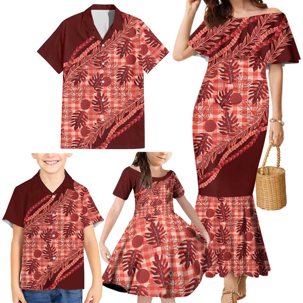 Hawaii Breadfruit Palaka Family Matching Mermaid Dress and Hawaiian Shirt Ulaula Maile Lei LT9 - Polynesian Pride