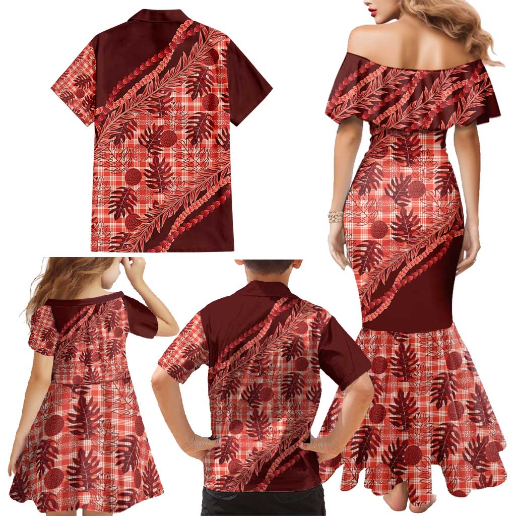 Hawaii Breadfruit Palaka Family Matching Mermaid Dress and Hawaiian Shirt Ulaula Maile Lei - Polynesian Pride