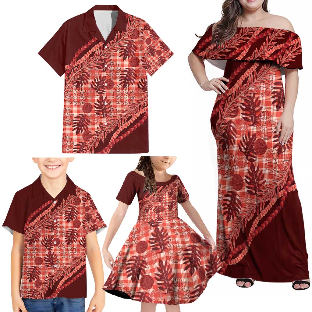 Hawaii Breadfruit Palaka Family Matching Off Shoulder Maxi Dress and Hawaiian Shirt Ulaula Maile Lei - Polynesian Pride