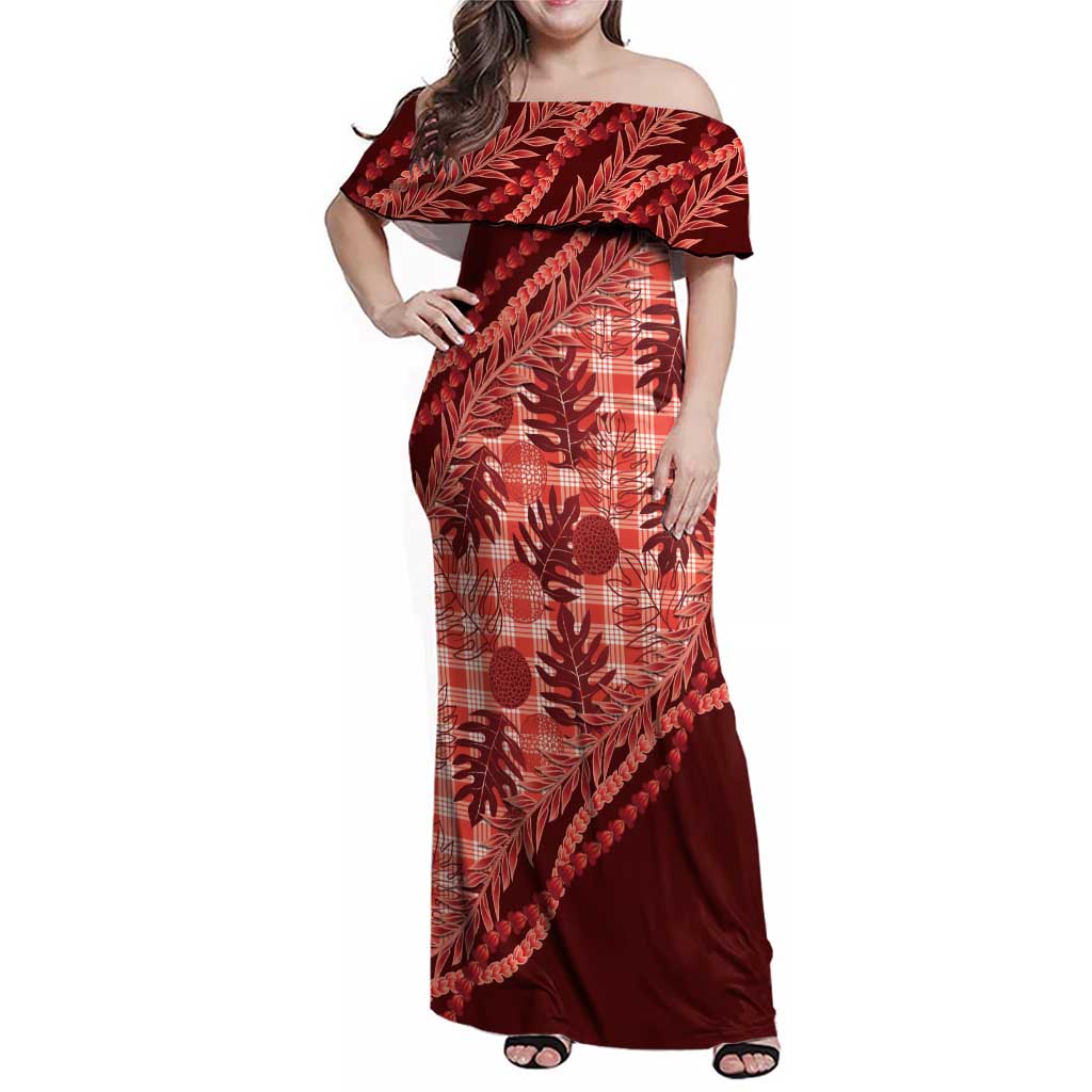 Hawaii Breadfruit Palaka Family Matching Off Shoulder Maxi Dress and Hawaiian Shirt Ulaula Maile Lei - Polynesian Pride