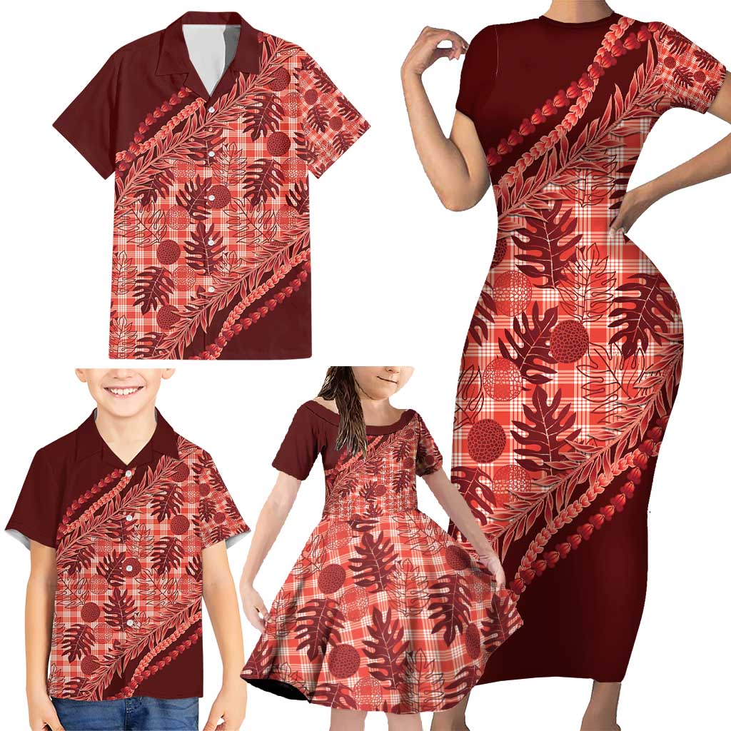 Hawaii Breadfruit Palaka Family Matching Short Sleeve Bodycon Dress and Hawaiian Shirt Ulaula Maile Lei - Polynesian Pride