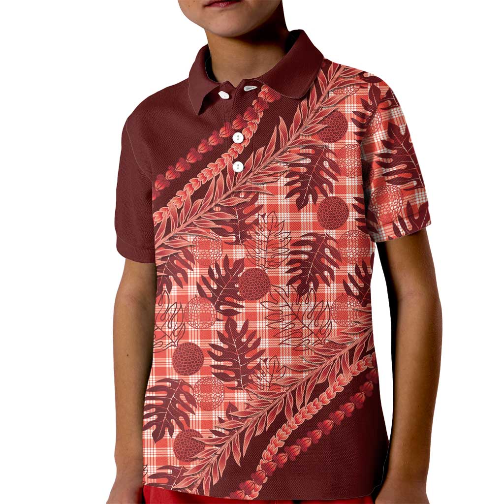 Hawaii Breadfruit Palaka Kid Polo Shirt Ulaula Maile Lei LT9 Kid Red - Polynesian Pride